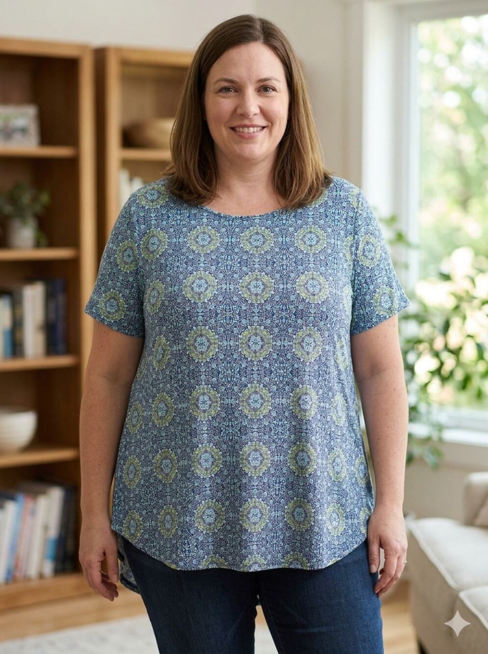 Philosophy Blue Mandala Tunic Top Geometric Paisley Short Sleeve Plus Size 1X
